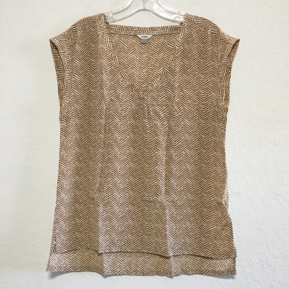 FOSSIL Silk Blouse Cap Sleeve Size Small V Neck High Low Hem Beige Tan